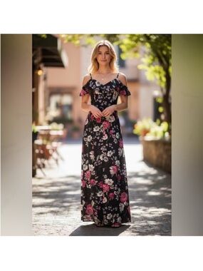 Honey and Rosie Black Multi Color Floral Off-Shoulder Women’s Maxi Dress